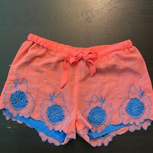 Umgee coral and blue embroidered shorts. Size L